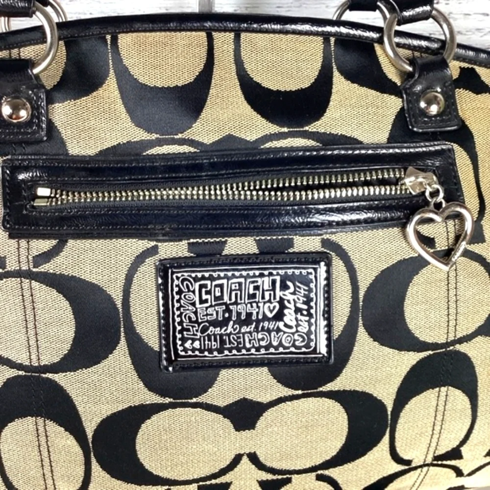 Coach F23391‎ Poppy Bag Black Tan Signature XLarge Tote Crossbody diaperbag